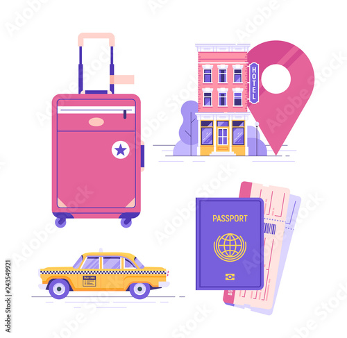 Travel elements set. Passport and tickets. Yellow public taxi cab. Hotel or hostel. Suitcase. Vector illustration.