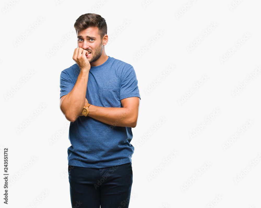 Young handsome man over isolated background looking stressed and nervous with hands on mouth biting nails. Anxiety problem.