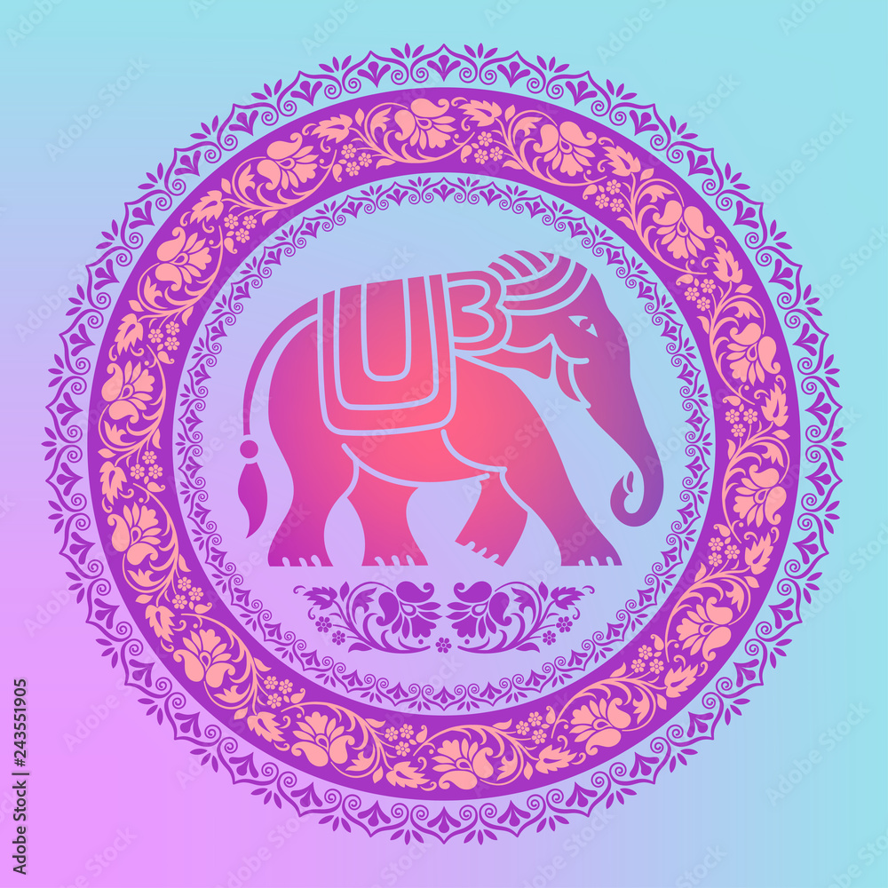 Tribal style elephant in round floral frames. Ethnic poster, mandala style. Thai ornaments and symbol. T-shirt print. Bright colors.