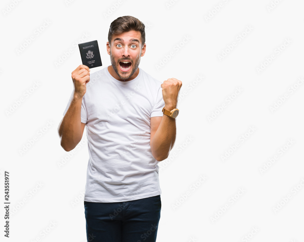 Young handsome man holding passport of united states over isolated background screaming proud and celebrating victory and success very excited, cheering emotion Young handsome man holding passport of united states over isolated background screaming proud and celebrating victory and success very excited, cheering emotion