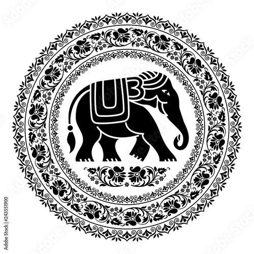 Tribal style elephant in round floral frames. Only black. Ethnic poster, mandala style. Thai ornaments and symbol. T-shirt print. 