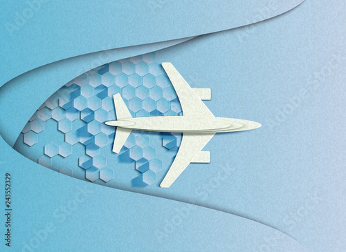Vector illustration in minimal style of a plane flying in the sky. In the style of cut paper