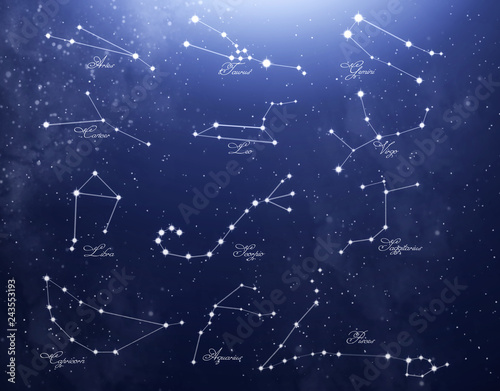 Constellations consisting of the signs of the zodiac against the starry blue sky © volhavasilevich
