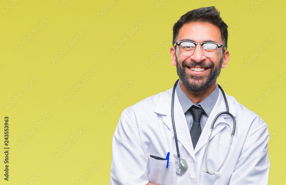 Adult hispanic doctor man over isolated background happy face smiling with crossed arms looking at the camera. Positive person. Adult hispanic doctor man over isolated background happy face smiling with crossed arms looking at the camera. Positive person.