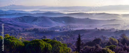 Meadow of Tuscany at misty morning. Rural landscape in fog during sunrise time and hills, © nikitos77