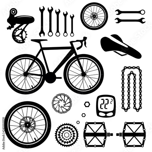 Bicycles. Set of bicycle parts. Isolated vector image.