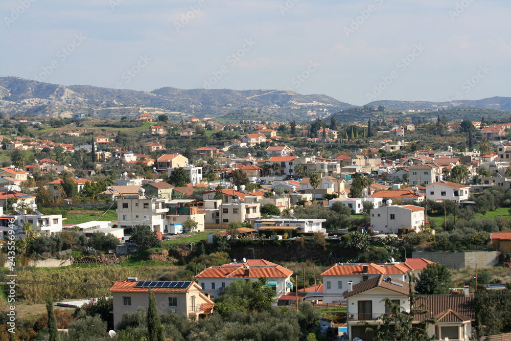 Panoramic view of a mediterranean village Pyrgos, Limassol district, Cyprus at the end of December