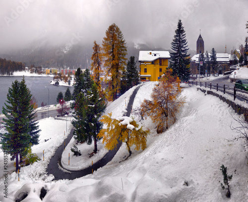  panorama of Sankt Moritz (Saint Moritz, San Maurizio) town in Engadine, Swiss Alps