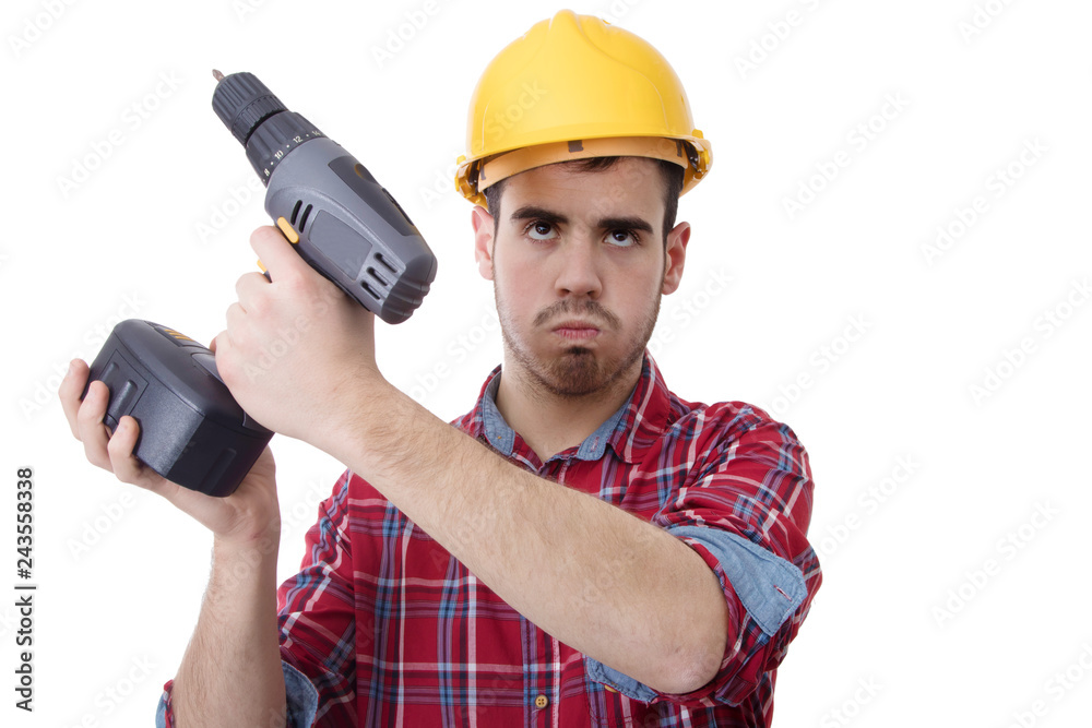 isolated construction worker with puffing drill isolated construction worker with puffing drill