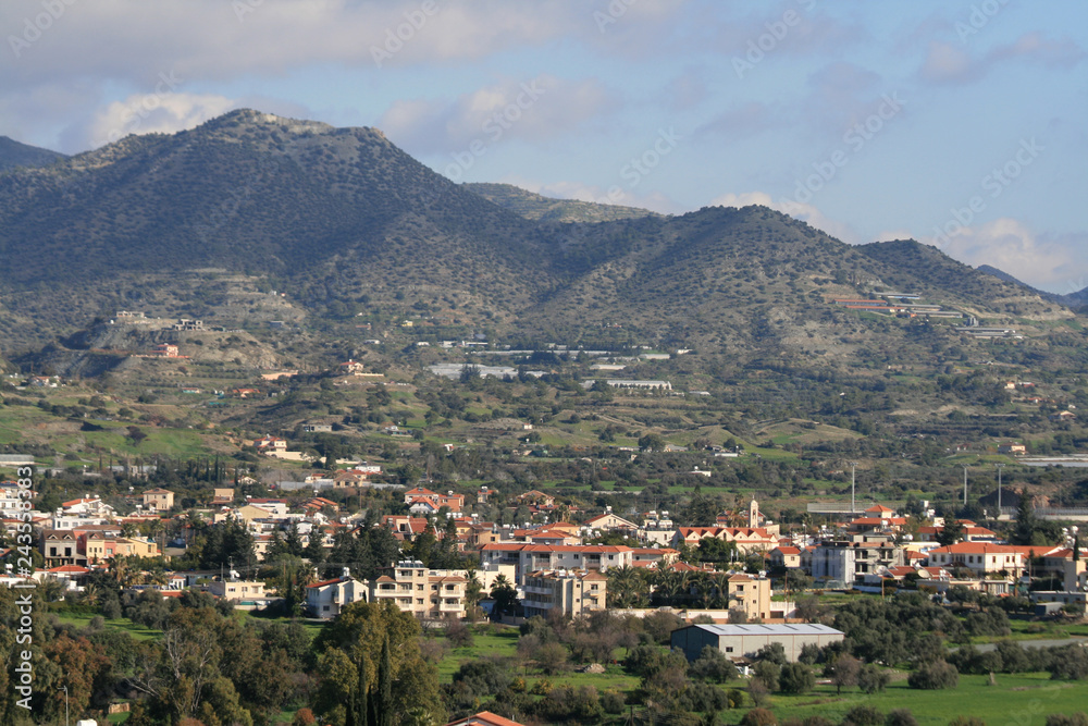 Panoramic view of a mediterranean village Pyrgos, Limassol district, Cyprus in January