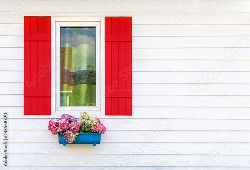 Colorful window frames with wooden walls and flowers decorated, vintage style