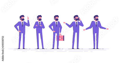 Vector set of business characters poses and actions. A handsome businessman with beard  standing with arms crossed, talking on phone, shrugging, holding up his finger.