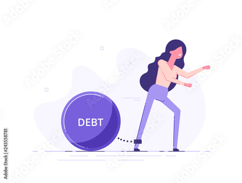 A woman trying to go with a huge weight of debt chained to his leg. Credit slavery concept. Flat style vector illustration.