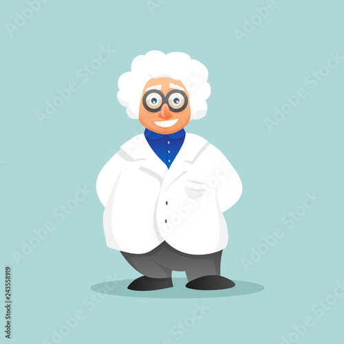 Vector cartoon happy man scientist professor in white scientific medical gown and glasses