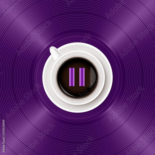 Symbol of musical pause and cup of coffee on bright purple vinyl record background. The concept of music and coffee