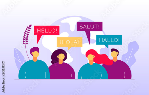 Vector flat translation concept of  big modern people,speaking different languages.Trendy language courses, translation agency illustration with earth globe, word hello in Spanish,French,German.