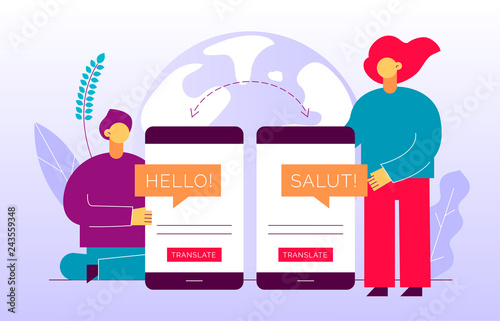 Vector flat translation design concept of  big modern people, holding smartphone with word Hello in French. Trendy language courses, translation agency illustration with earth globe and leaves.