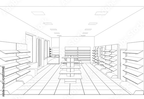 shop  mall  shopping mall  contour visualization  3D illustration  sketch  outline