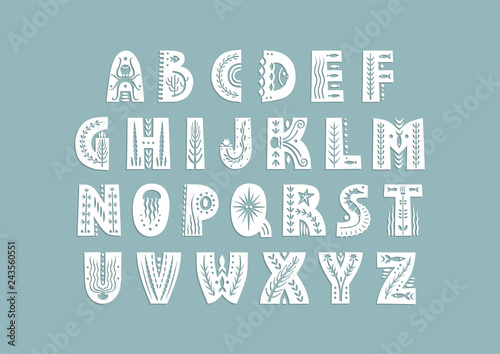Vector uppercase alphabet decorated with underwater patterns.