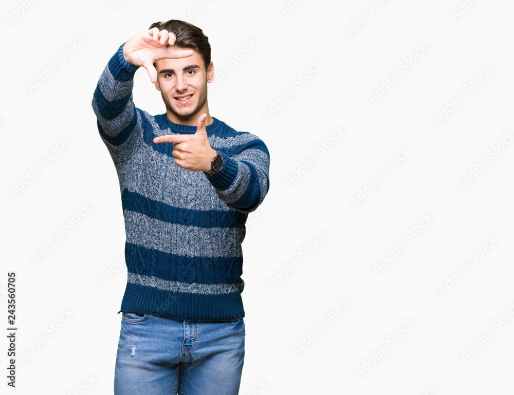 Young handsome man over isolated background smiling making frame with hands and fingers with happy face. Creativity and photography concept. Young handsome man over isolated background smiling making frame with hands and fingers with happy face. Creativity and photography concept.