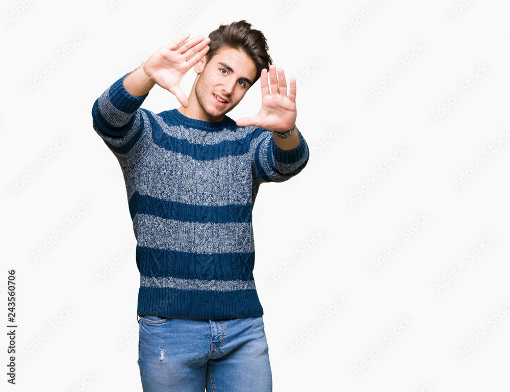 Young handsome man over isolated background Smiling doing frame using hands palms and fingers, camera perspective Young handsome man over isolated background Smiling doing frame using hands palms and fingers, camera perspective