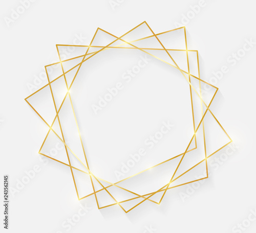 Gold shiny glowing vintage frame with shadows isolated on white background. Decorative golden luxury line border for invitation, card, sale, photo etc. Vector illustration