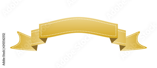 Embroidered gold ribbon isolated on white. Can be used for banner, award, sale, icon, logo, label etc. Vector illustration