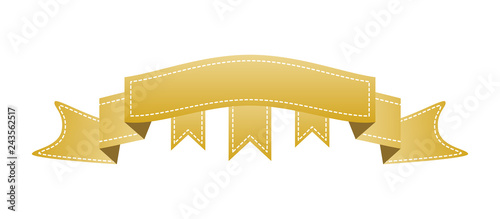Embroidered gold ribbon isolated on white. Can be used for banner, award, sale, icon, logo, label etc. Vector illustration