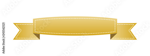 Embroidered gold ribbon isolated on white. Can be used for banner, award, sale, icon, logo, label etc. Vector illustration