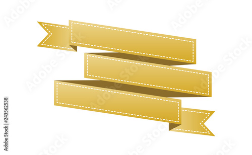 Embroidered gold ribbon isolated on white. Can be used for banner, award, sale, icon, logo, label etc. Vector illustration
