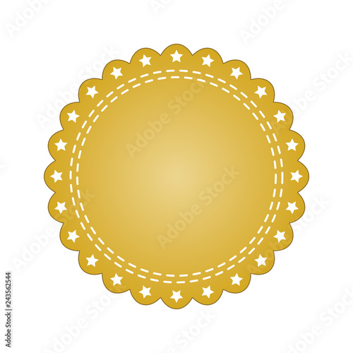 Embroidered gold round ribbon stamp isolated on white. Can be used for banner, award, sale, icon, logo, label etc. Vector illustration