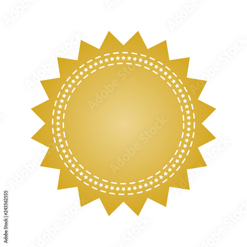 Embroidered gold round ribbon stamp isolated on white. Can be used for banner, award, sale, icon, logo, label etc. Vector illustration