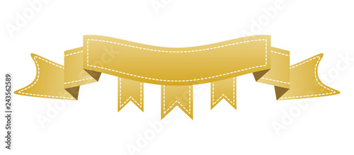 Embroidered gold ribbon isolated on white. Can be used for banner, award, sale, icon, logo, label etc. Vector illustration