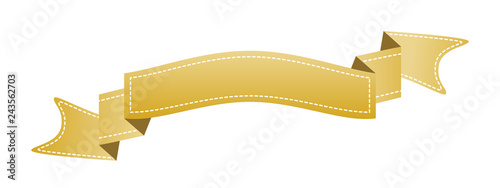 Embroidered gold ribbon isolated on white. Can be used for banner, award, sale, icon, logo, label etc. Vector illustration