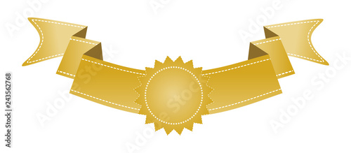Embroidered gold ribbon isolated on white. Can be used for banner, award, sale, icon, logo, label etc. Vector illustration