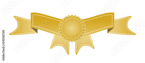 Embroidered gold ribbon isolated on white. Can be used for banner, award, sale, icon, logo, label etc. Vector illustration