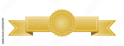 Embroidered gold ribbon isolated on white. Can be used for banner, award, sale, icon, logo, label etc. Vector illustration