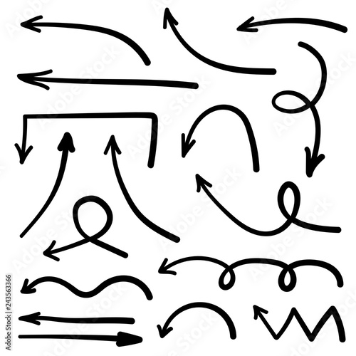 Set of black grunge hand drawn arrows isolated on white. Vector illustration