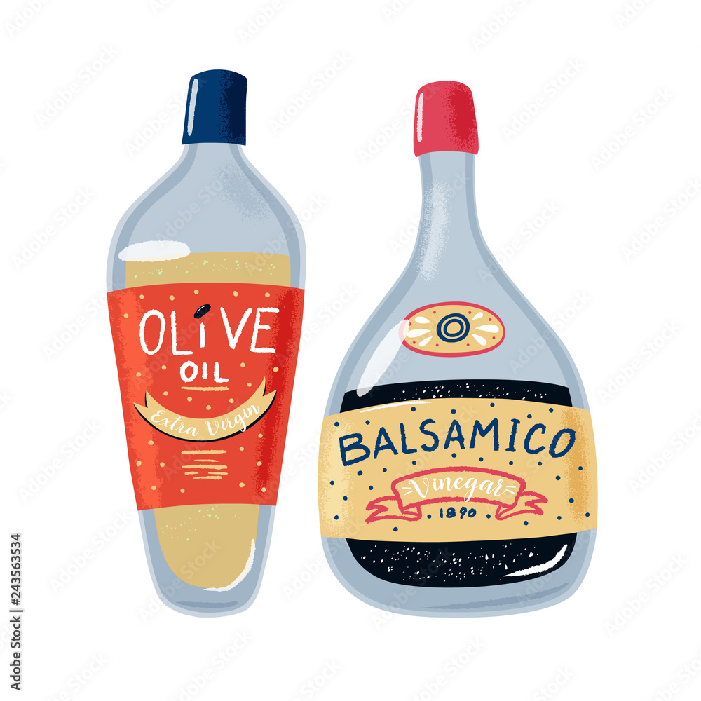 Glass bottles of olive oil and balsamic vinegar, vector illustration isolated on white background. Funny, cartoon style set of olive oil and balsamic vinegar glass bottles with colorful labels Glass bottles of olive oil and balsamic vinegar, vector illustration isolated on white background. Funny, cartoon style set of olive oil and balsamic vinegar glass bottles with colorful labels