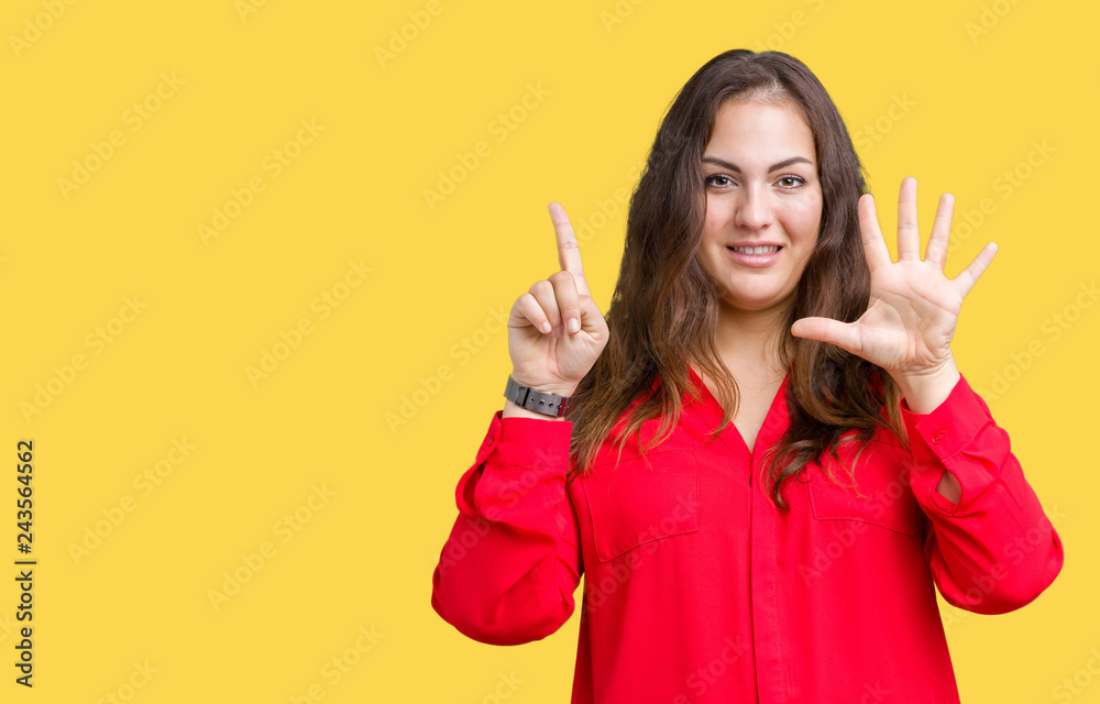 Beautiful plus size young business woman over isolated background showing and pointing up with fingers number six while smiling confident and happy. Beautiful plus size young business woman over isolated background showing and pointing up with fingers number six while smiling confident and happy.