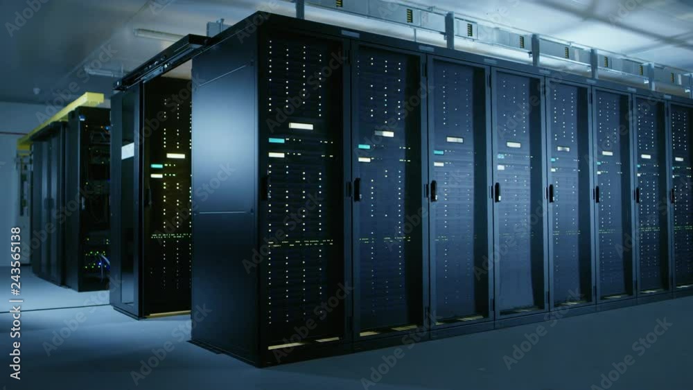 Arc Shot of Data Center With Multiple Rows of Fully Operational Server Racks. Modern Telecommunications, Cloud Computing, Artificial Intelligence, Database, Super Computer Technology Concept.