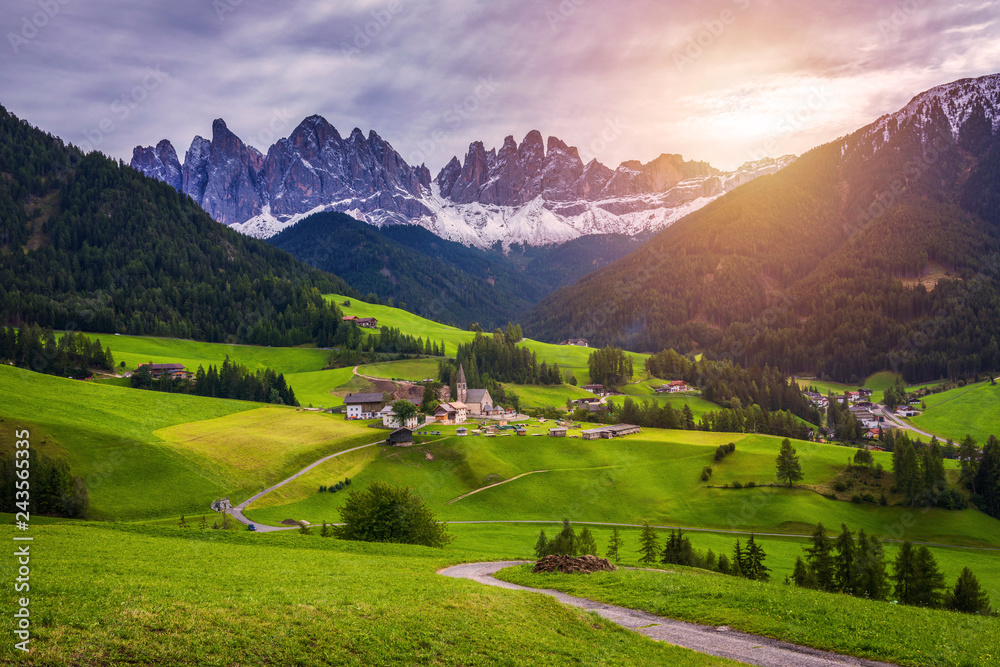 Famous best alpine place of the world, Santa Maddalena (St Magdalena) village with magical Dolomites mountains in background, Val di Funes valley, Trentino Alto Adige region, Italy, Europe