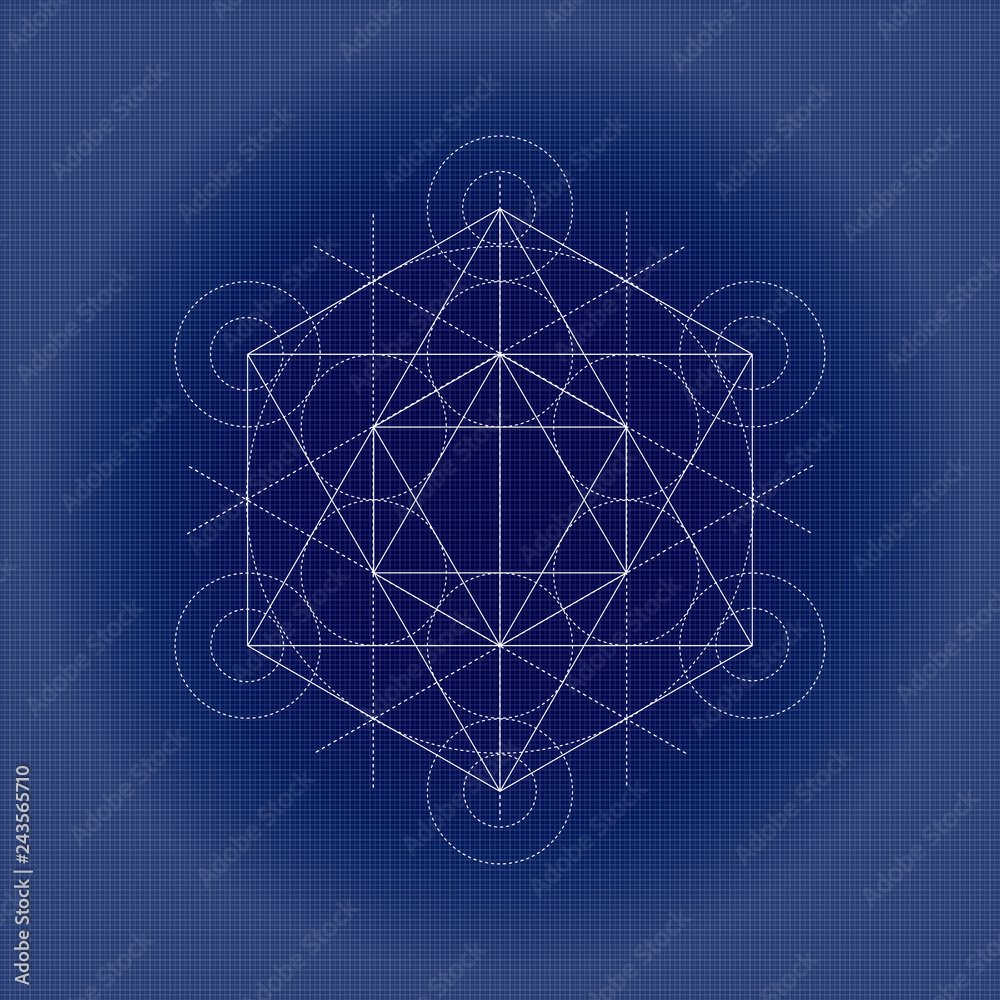 Metatrons cube, sacred geometry vector illustration on technical paper ...