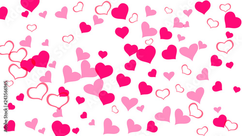 Red on White fond Vector. Happy background. Red hearts of confetti are flying. A sample of wallpaper design, textiles, packaging, printing, holiday invitation for Valentine's Day.