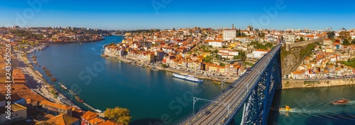 Panoramic view of Old city of Porto (Oporto) and Ribeira over Douro river, Portugal. Concept of world travel, sightseeing and tourism. © daliu