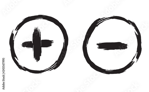 Plus and minus sign illustration in a grunge style. Vector handdrawn brush paint.