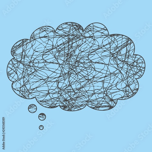 Mess in mind or bad thinking concept vector illustration with chaos in bubble speech on blue background