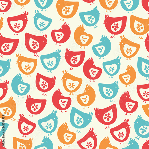 Vector colourful hen chicks seamless repeat pattern background.