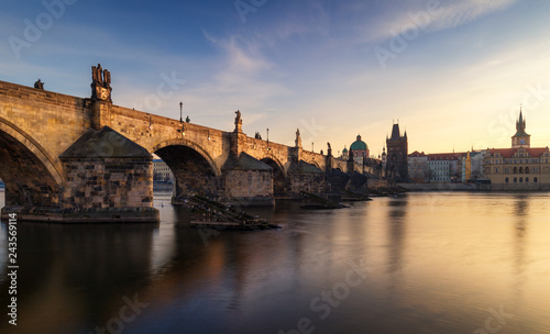 Morning view of Charles Bridge in Prague  Czech Republic. The Charles Bridge is one of the most visited sights in Prague. Architecture and landmark of Prague.