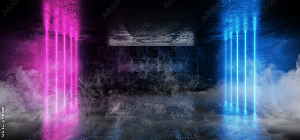 Fototapeta Neon Glowing Smoke Fog Grunge Concrete Sci Fi Modern Elegant Futuristic Gallery Empty Hall Vibrant Purple And Blue Light Lines Empty Space 3D Rendering
